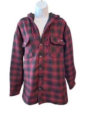 Dickies GD5401 Mens L Red Black Plaid Hooded Flannel Jacket Fleece Workwear